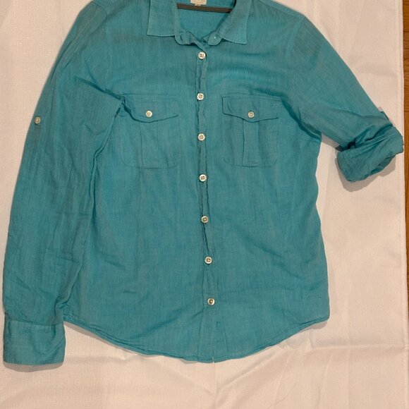 J.Crew Factory Short-Sleeve Button-Up Shirt – Turquoise Blue – Size S - Picture 6 of 7
